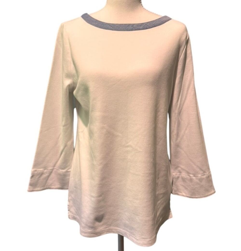 Nautica Womens Boat Neck Medium White Blue 3/4 Sleeve Cotton Top Casual
